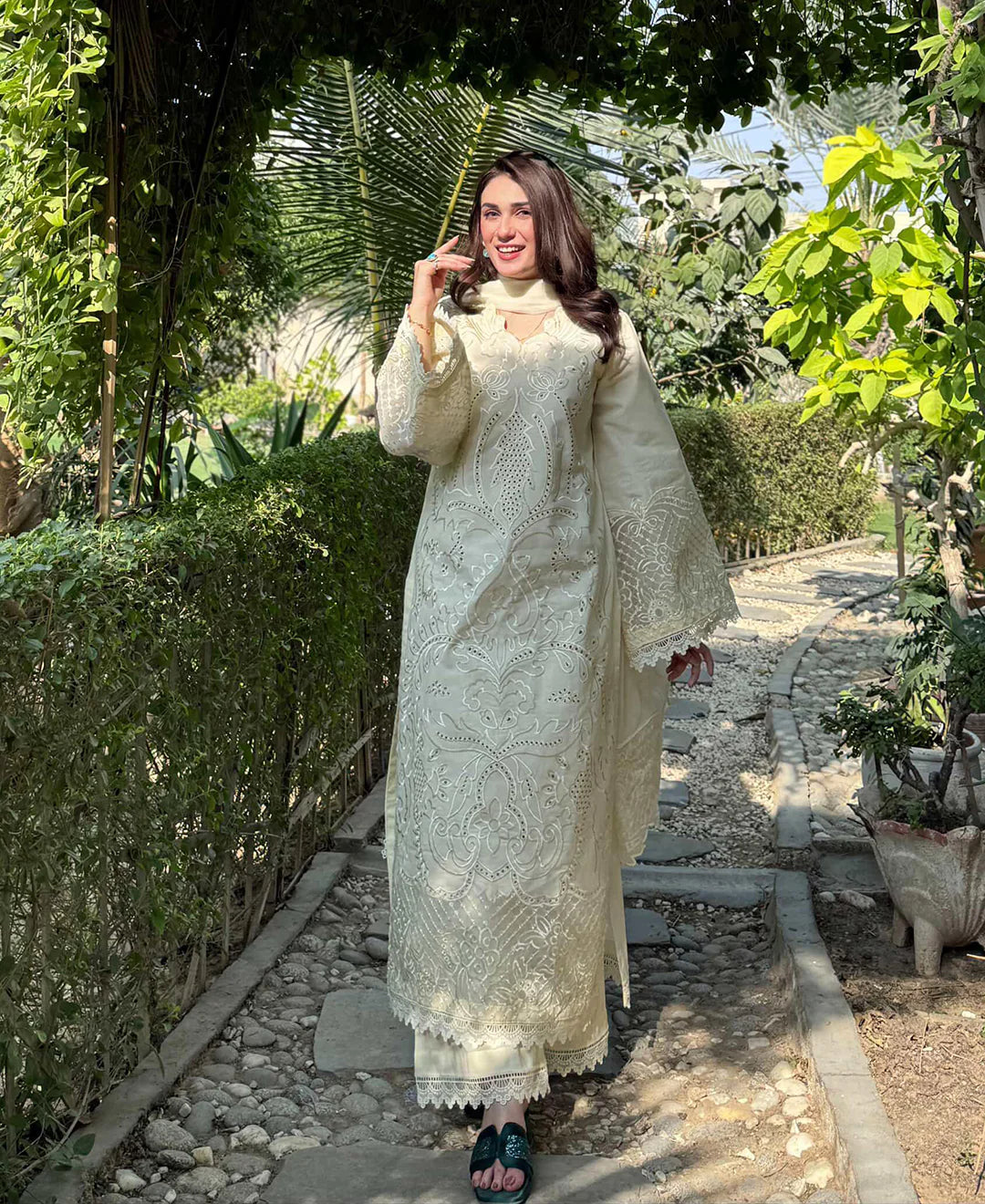 3 pcs Lawn Cotton Embroidered Dress - Butter Beige