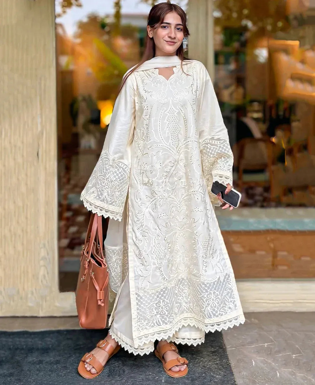 3 pcs Lawn Cotton Embroidered Dress - Butter Beige